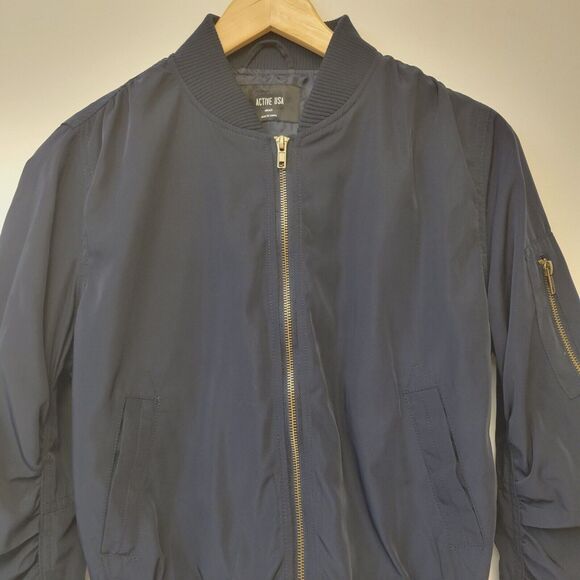 Active USA Navy Blue Gathered Sleeves Full Zip Sz S Women Jacket - Picture 5 of 10